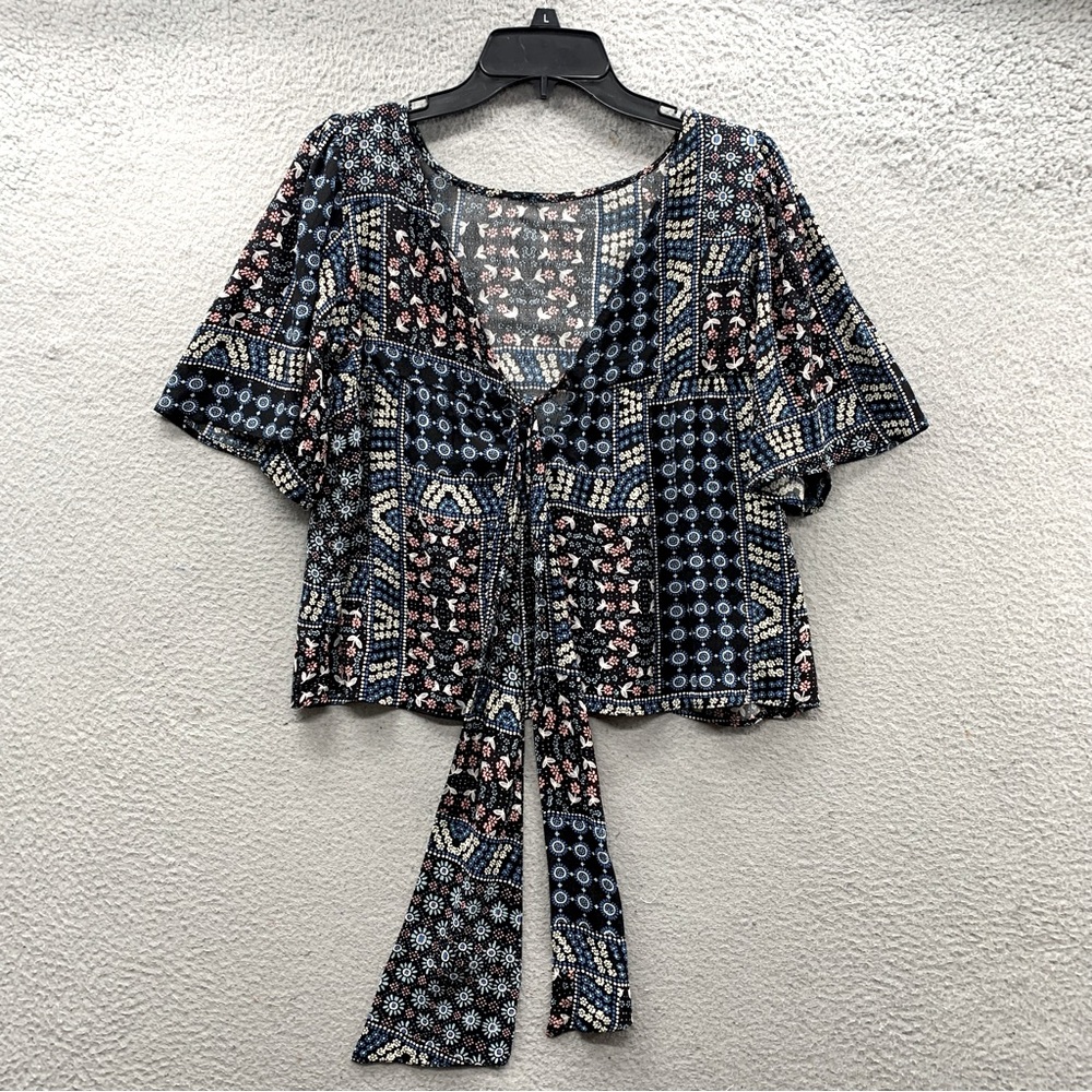 Loft Top Blouse Women’s S Blue Allover Floral Print Short Flare Sleeve Neck Tie